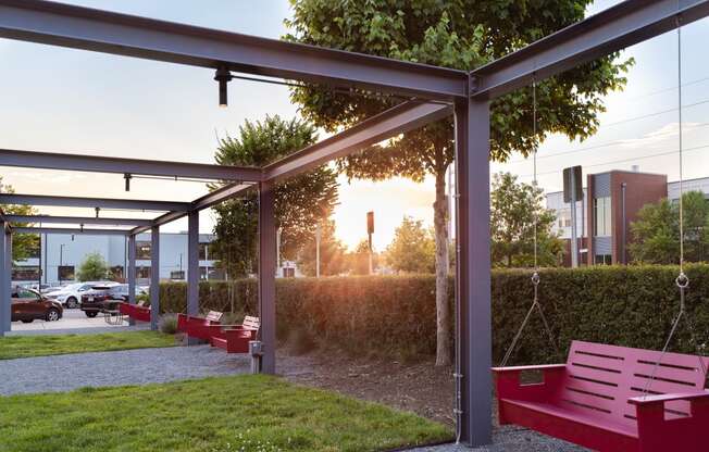 a park with benches and grass and a tree