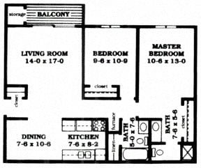 2 beds, 870 sqft, $1,045