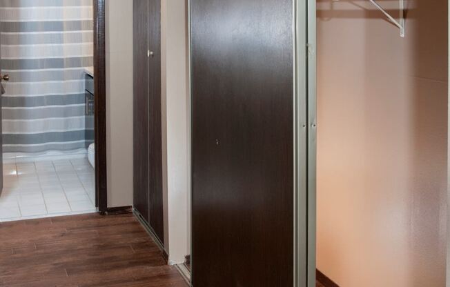 Hardwood Hallway with Large Closets at Dinkytown Apartment