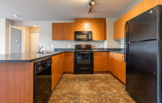 A kitchen with a black refrigerator and wooden cabinets.