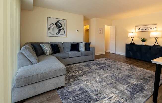 A living room with a couch and area rug