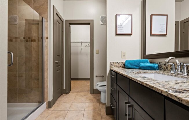 a bathroom with a shower toilet and sink