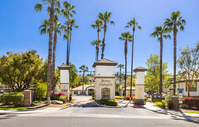 The image shows a beautiful entrance to Stone Canyon with tall palm trees on either side.
