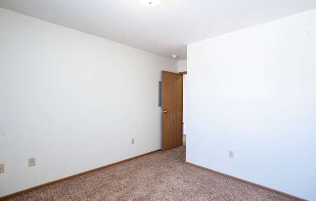 A room with a brown carpet and a brown door.