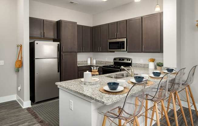 Kitchens with Dark Cabinetry and Stainless Steel Appliances at Abberly Solaire Apartment Homes, Garner, NC, 27529