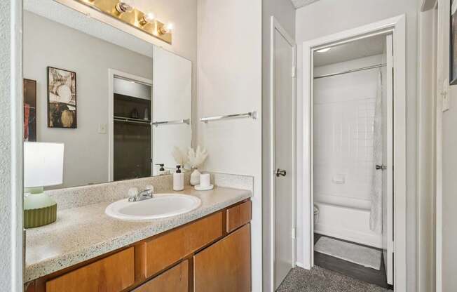 A bathroom with a sink, mirror, and a white door.