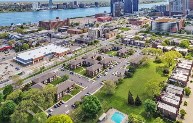 Detroit River and Renaissance Center at Lafayette Park Place, Michigan, 48207