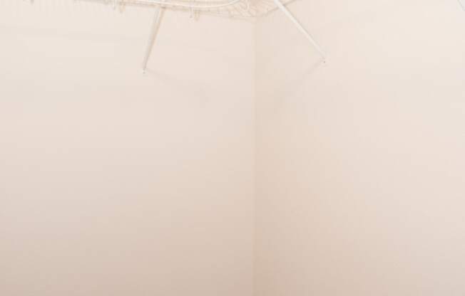 a room with white walls and a closet with white rods on the ceiling