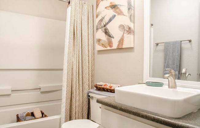 a bathroom with a sink and a shower with a shower curtain