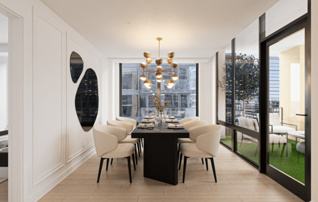 a dining room with a black table and white chairs and a large window