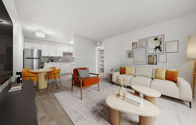 A modern living room with a white sofa, orange armchair, and a wooden coffee table.