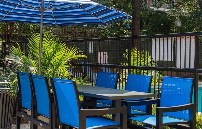 a table and chairs with an umbrella on a patio