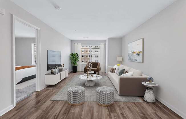a living room with a couch and a table