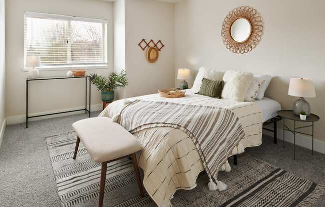 a bedroom with a bed and a window