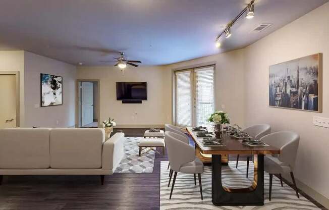 Spacious Living Room With Plank Flooring at Civic at Frisco Square Apartments, Frisco, TX, Texas