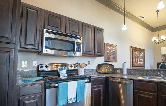 a kitchen with stainless steel appliances and black cabinets