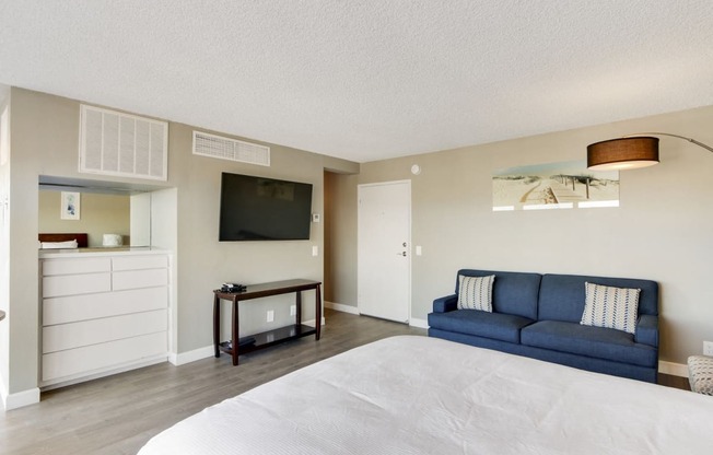 Living and sleeping area with wood style floors throughout, brightly lit