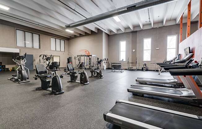 wide shot of treadmills and other fitness equipment