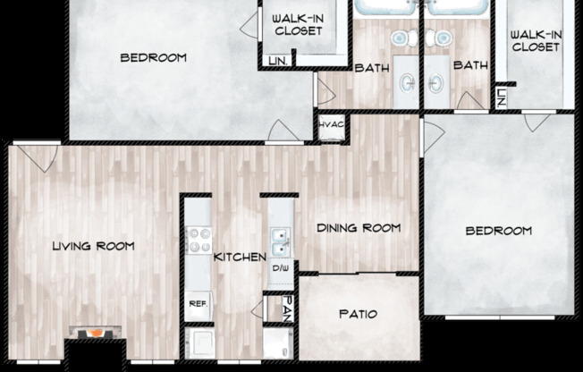 2 beds, 2 baths, 965 sqft, $1,225