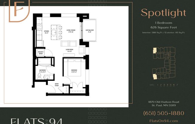 1 bed, 1 bath, 586 sqft, $1,440, Unit 501 - Spotlight