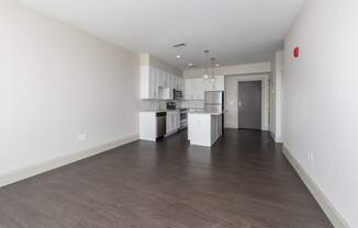 Hibernia living room with rich vinyl plank flooring opening to kitchen