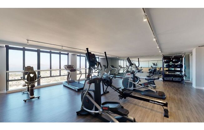 a room with a lot of exercise equipment and a view of the ocean