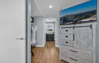 A hallway with a statue, a TV, and a trash can.