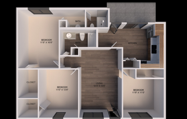 3 beds, 2 baths, 1,280 sqft, $1,300, Unit 3921