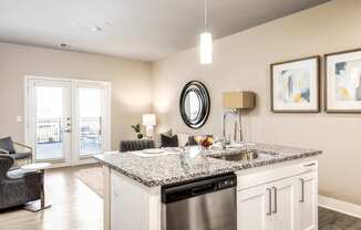 A modern kitchen with a granite countertop and a black dishwasher.