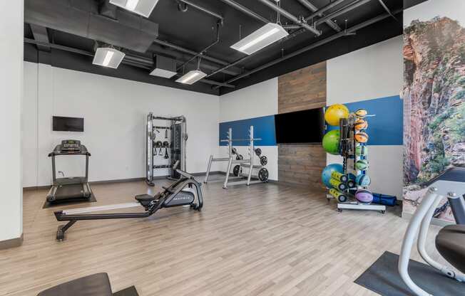 a gym with weights and exercise equipment and a wall with a colorful painting