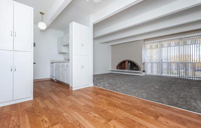 kitchen and dining room with wooden floors