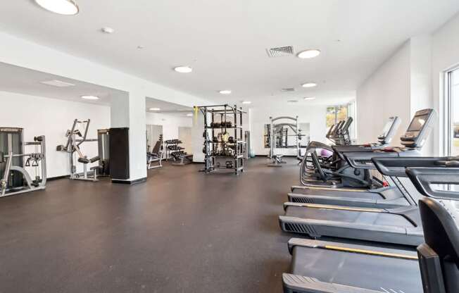 A spacious gym with treadmills, weights, and exercise equipment.