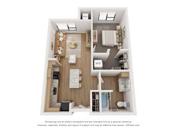 A 3D floor plan of a small apartment with a kitchen, living room, and bathroom.