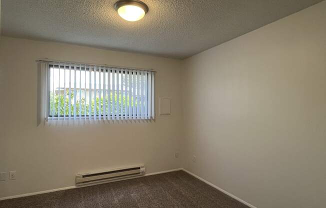 a bedroom with a large window and a carpeted floor