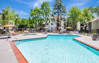 A large swimming pool surrounded by trees and apartment buildings.