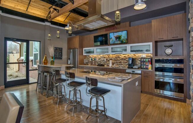 Upgraded Resident Clubhouse Kitchen in Denver Apartment with Mountain Views