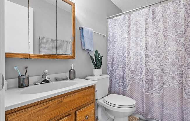 a bathroom with a white sink and toilet next to a shower with a purple shower curtain