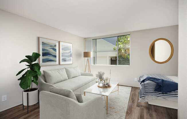 a living room with a couch and a coffee table