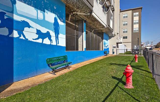 Pet Park with Grassy Area and Pet-Inspired Mural at Mockingbird Flats, Dallas, 75206