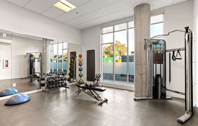 A gym with a variety of equipment including a squat rack, bench press, and a rowing machine.