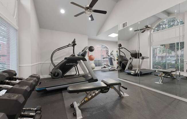 A gym with a treadmill, weights, and a mirror.