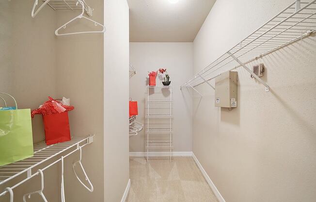 A white closet with a white shelf and a white hanger.