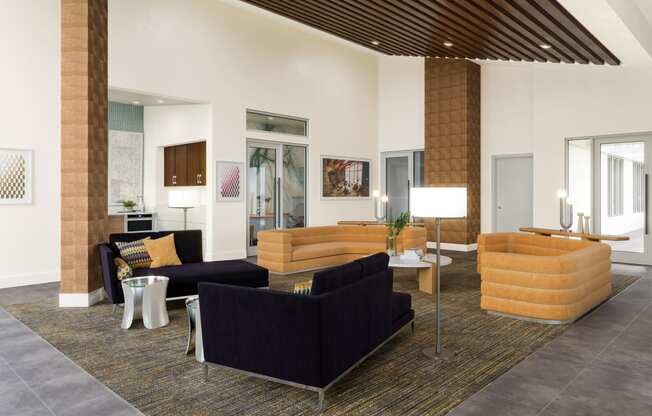 An artist rendering of the future Canyon Terrace Leasing office and lounge with couches and a tables. This will be a brand new building on the community. at Canyon Terrace Apartments, California, 95630