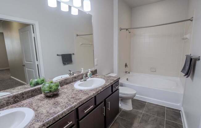 a bathroom with two sinks and a tub and a toilet