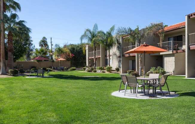 a lawn with tables and umbrellas in a courtyard