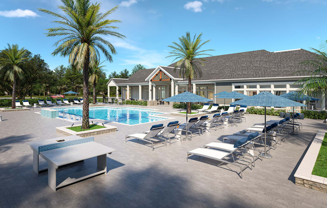 a swimming pool with lounge chairs and umbrellas in front of a house