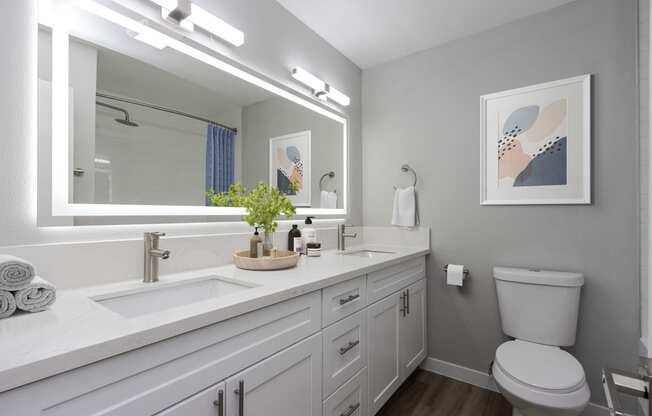 a white bathroom with a large mirror and a toilet