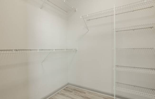 an empty closet with white walls and shelves and a wood floor