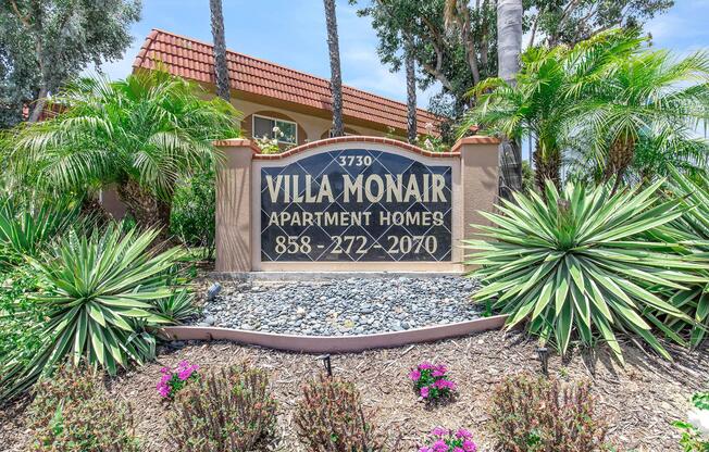 a sign in front of a palm tree