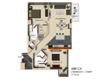 2 beds, 2 baths, 1,116 sqft, $2,824